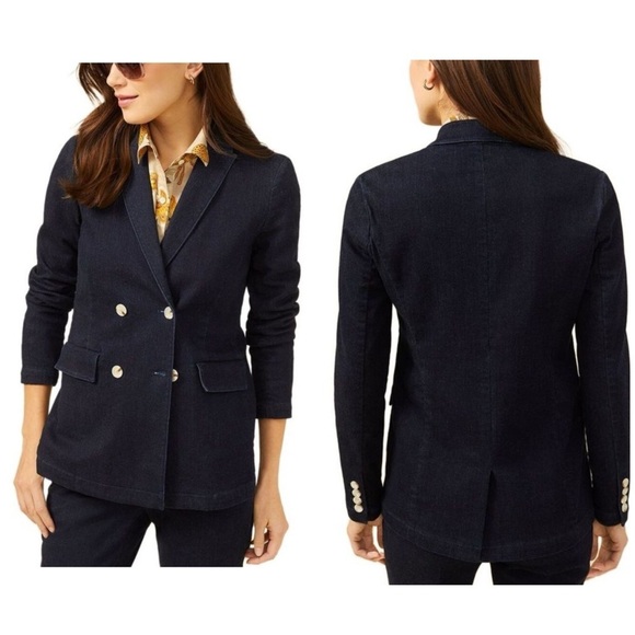 NWT J MCLAUGHLIN BLAZER 2 DENIM COTTON BLD DBL BREASTED DK BLUE CAREER CASUAL - Picture 1 of 12